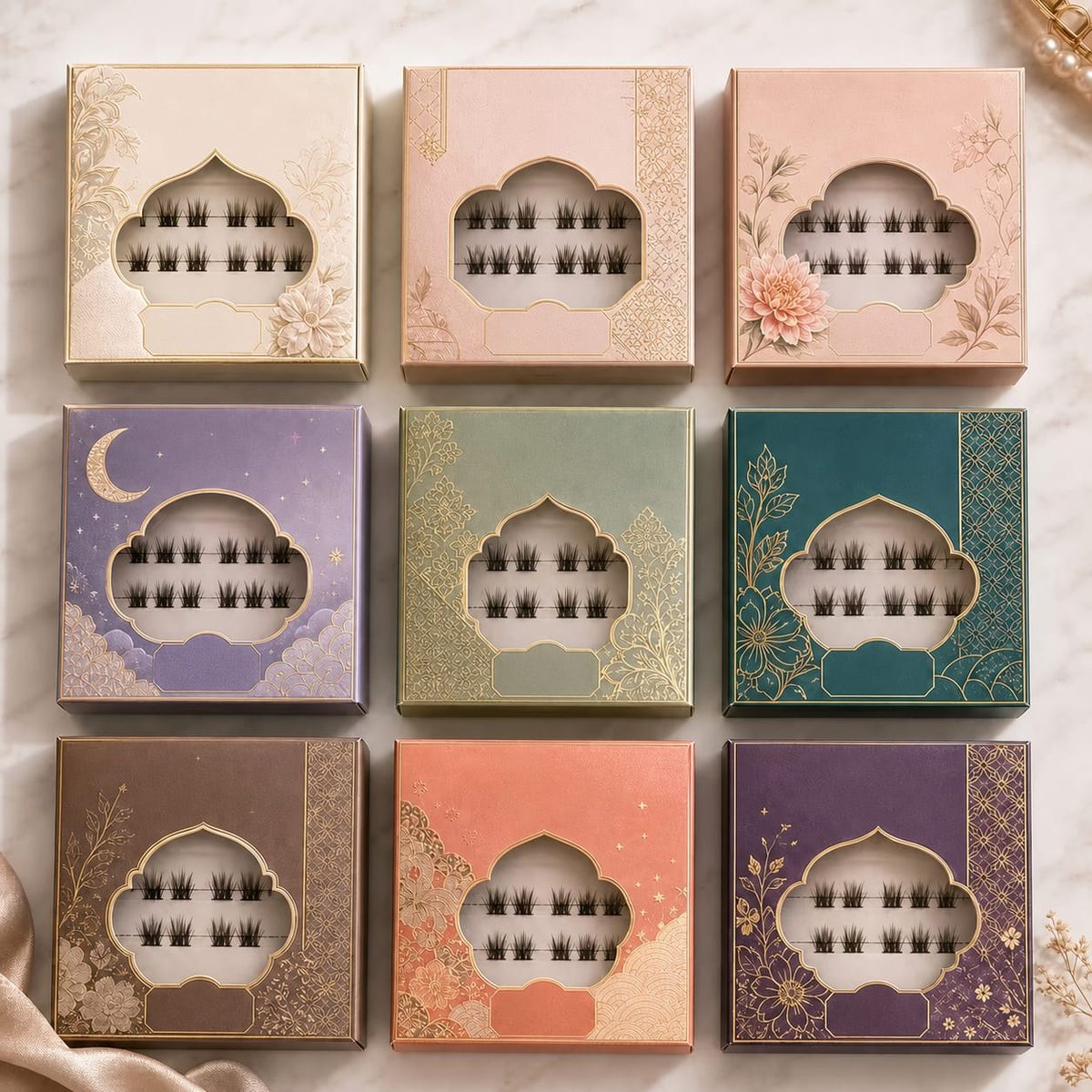 Custom private-label lash packaging boxes in nine designs